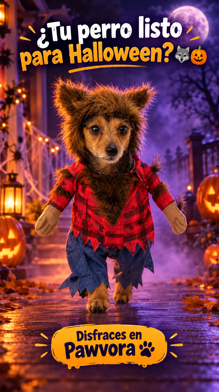 Perro con disfraz de hombre lobo en Halloween