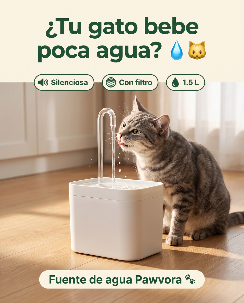Gato bebiendo de la fuente de agua Pawvora