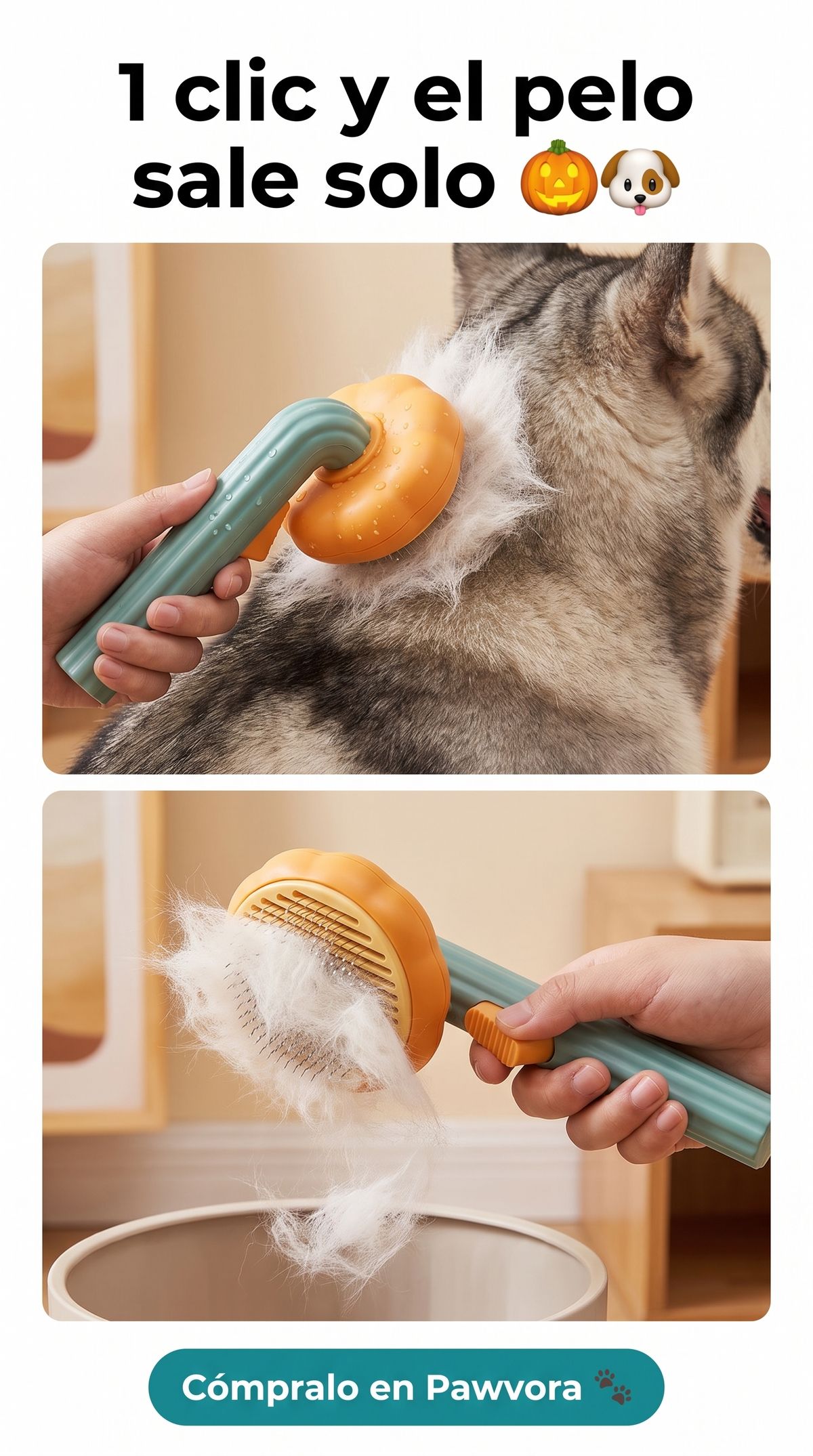 Cepillo calabaza autolimpiable: 1 clic y el pelo sale solo