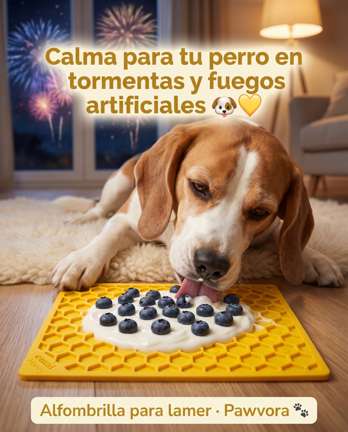 Perro tranquilo lamiendo la alfombrilla durante fuegos artificiales