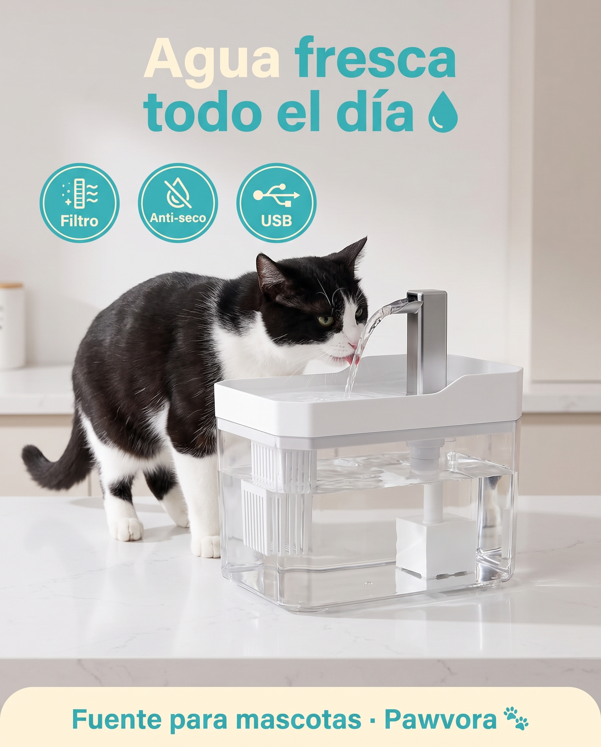 Gato bebiendo de la fuente con filtro