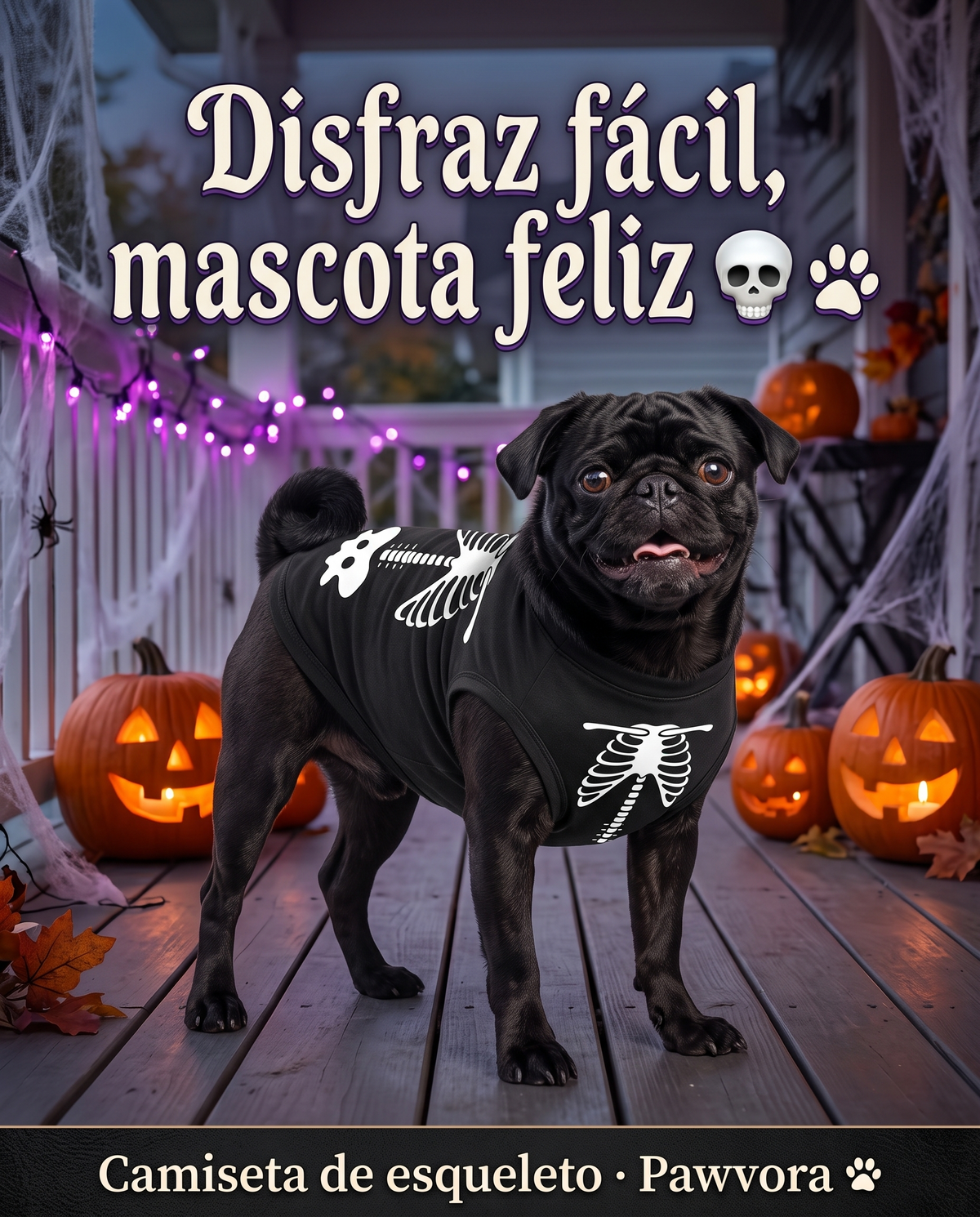 Pug con camiseta de esqueleto