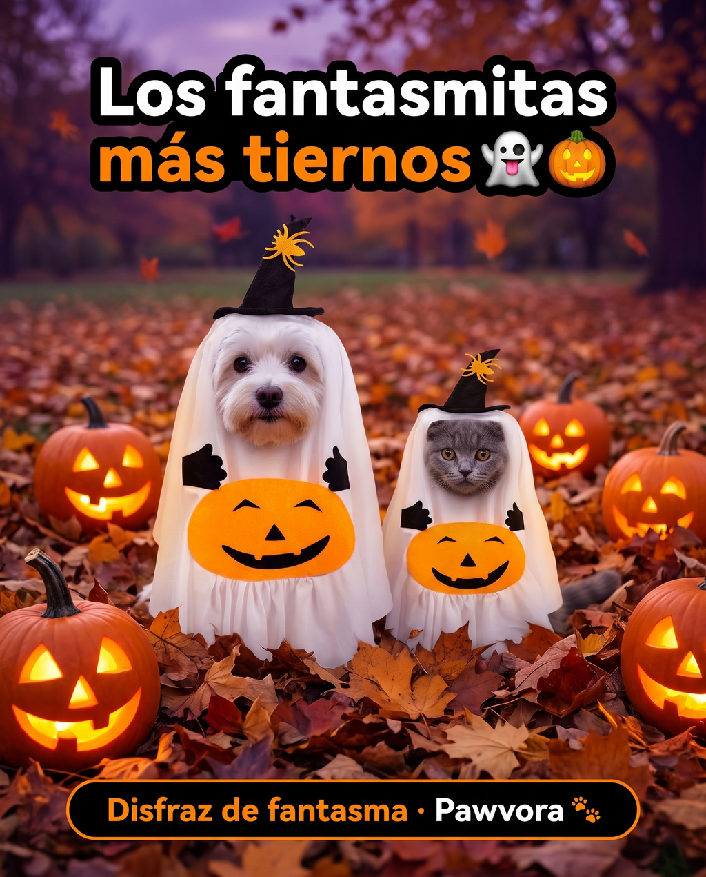 Perro y gato con disfraz de fantasma