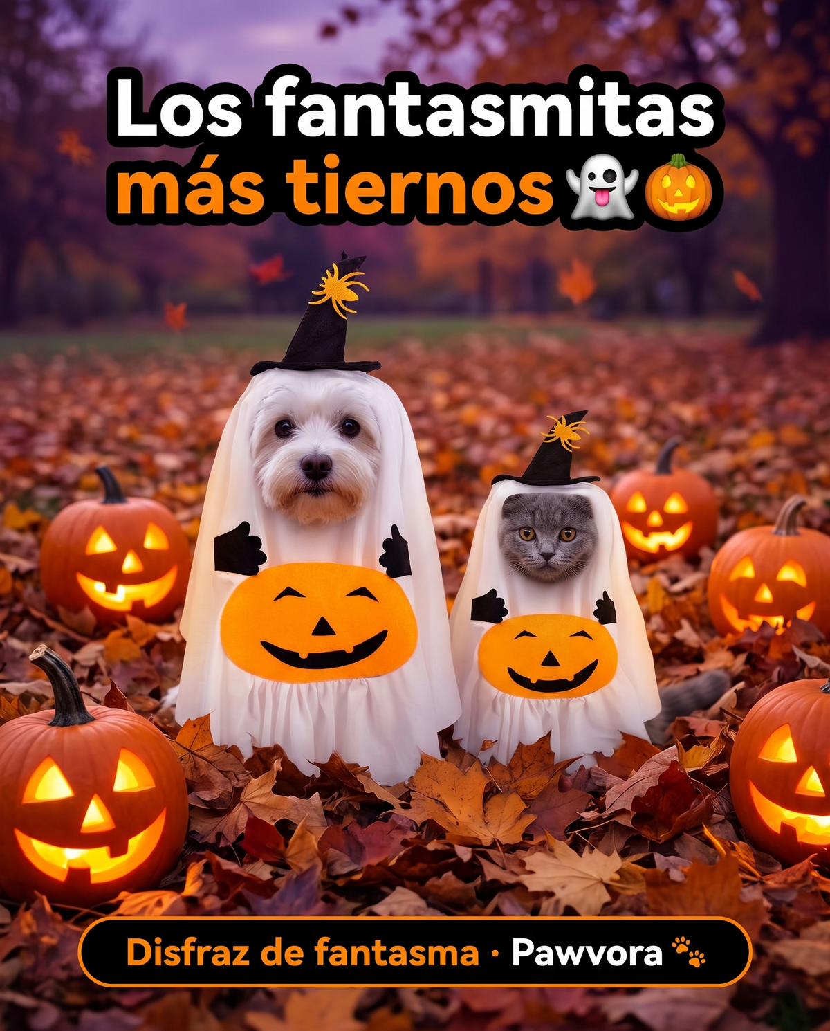 Perro y gato con disfraz de fantasma