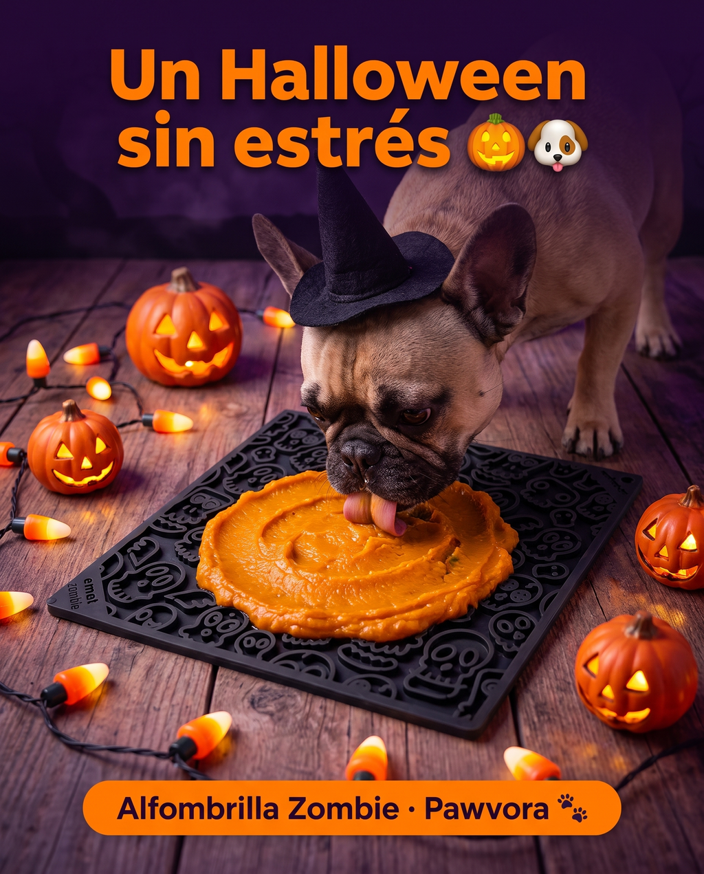 Bulldog con la alfombrilla Zombie en Halloween