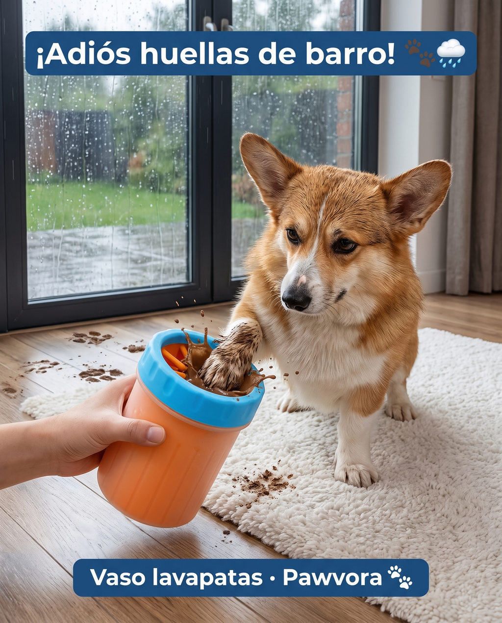 Corgi usando el vaso lavapatas