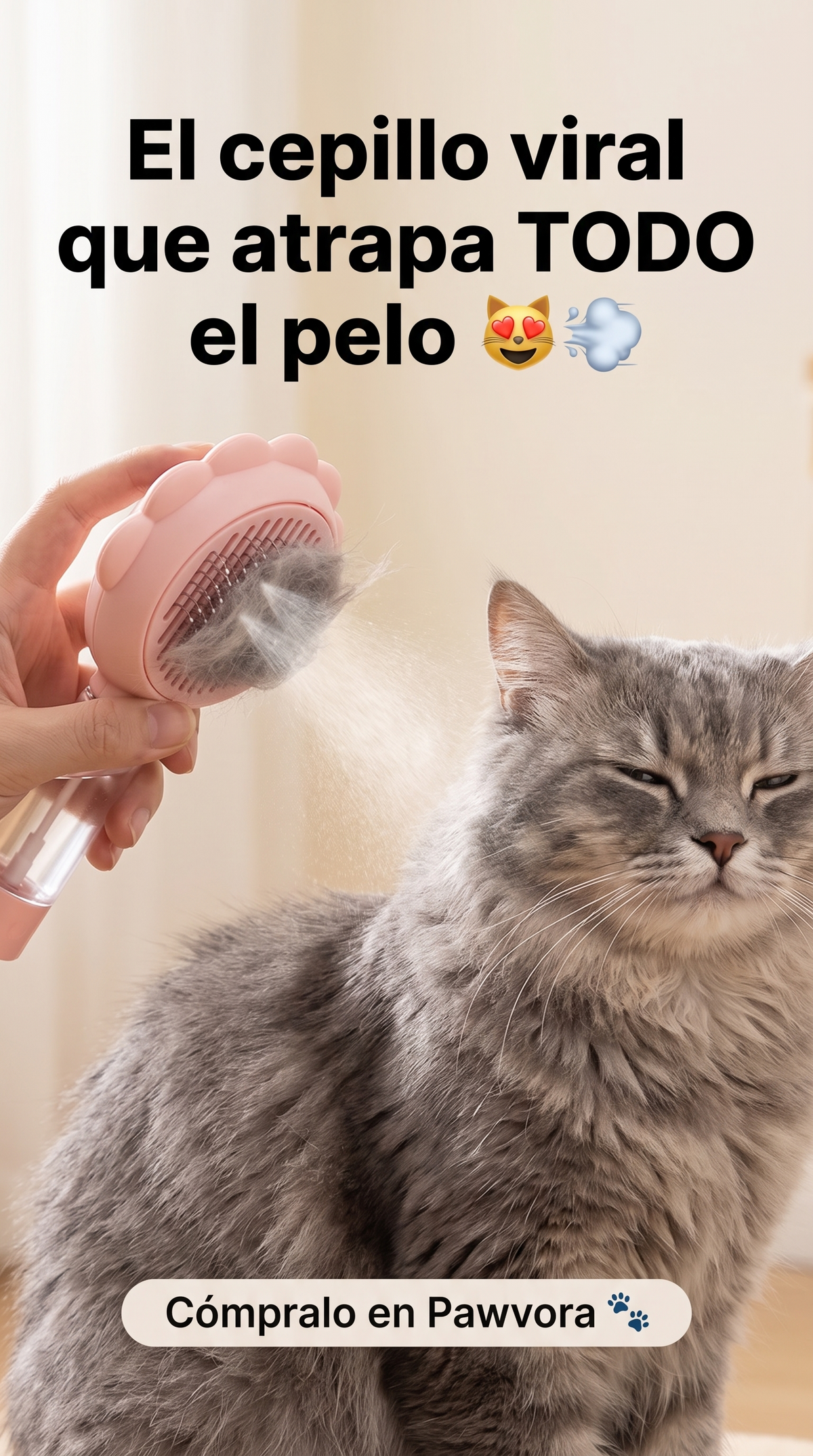 Cepillo con vapor atrapando el pelo del gato
