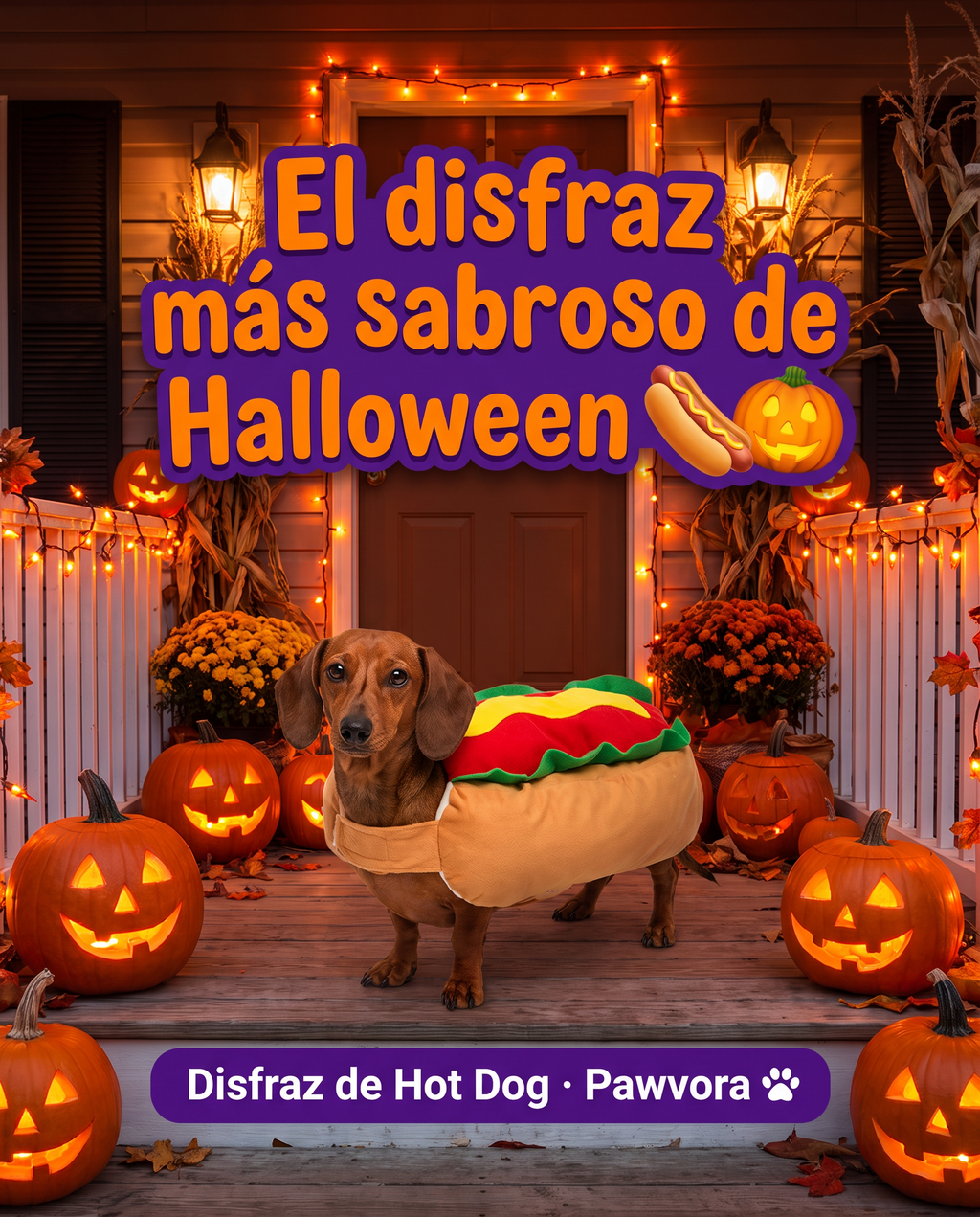 Perro salchicha con disfraz de hot dog