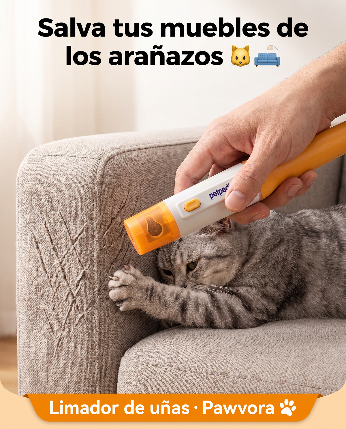 Limando las uñas de un gato para proteger el sofá
