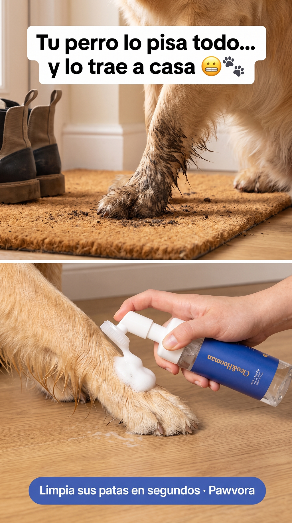 Limpiando la pata embarrada de un golden retriever