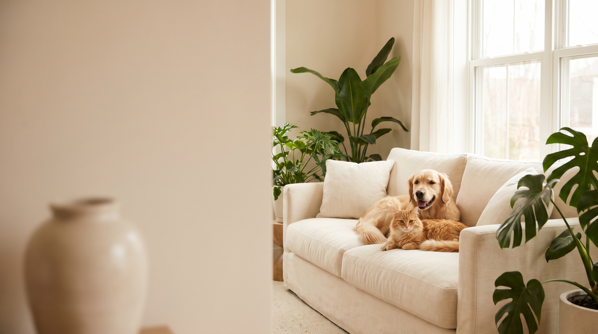 Perro y gato felices en un sofá limpio